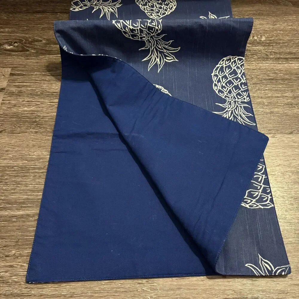 Table Runner Embroidered Pineapples White & Blue Contemporary Padded 14x71